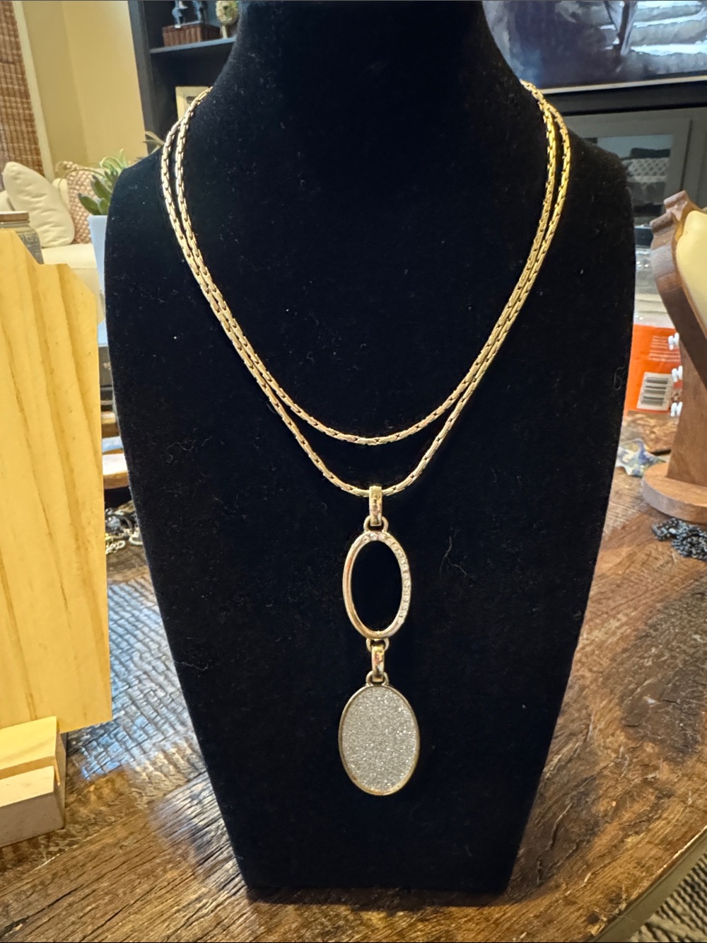 Vintage Gold-Tone Double Strand Pendant Necklace with Oval Glitter Drop